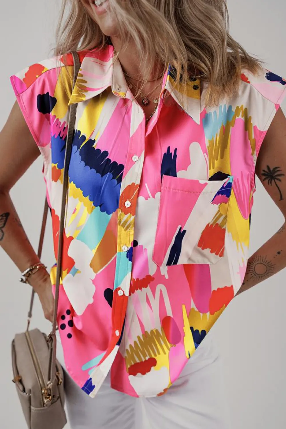 Outlet Dear-Lover Abstract Print Collared Cap Sleeve Casual Shirt Multicolour