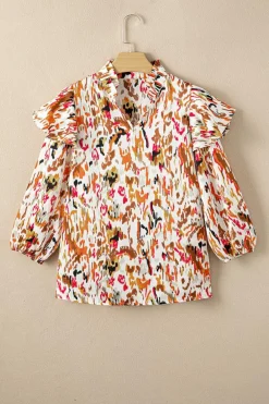 Hot Dear-Lover Abstract Print 3/4 Puff Sleeve Ruffle Blouse Multicolour