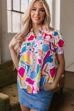 Sale Dear-Lover Abstract Print Lace Detail Shirred Short Sleeve Split Neck Blouse Multicolour