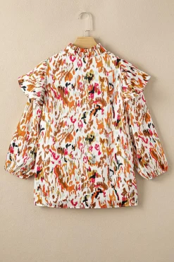 Hot Dear-Lover Abstract Print 3/4 Puff Sleeve Ruffle Blouse Multicolour