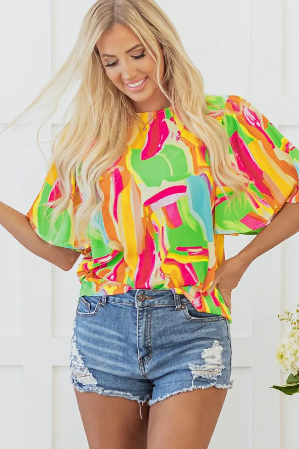 Fashion Dear-Lover Abstract Print Keyhole Back Pleated Half Sleeve Blouse Multicolour