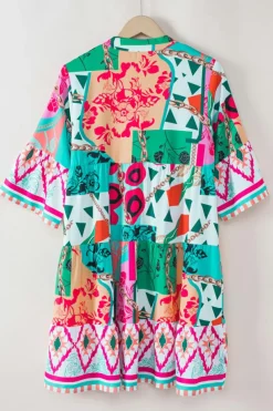 Sale Dear-Lover Abstract Printed Half Sleeve Notched Neck Mini Dress Multicolour
