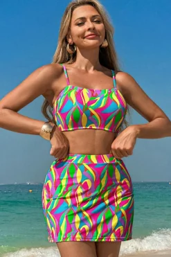 New Dear-Lover Abstract Print Textured Spaghetti Strap High Waist Bikini Set Multicolour