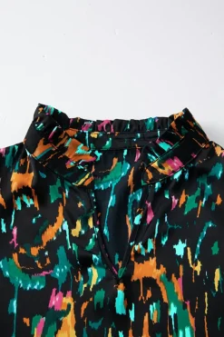 Clearance Dear-Lover Abstract Print 3/4 Puff Sleeve Ruffle Blouse Multicolour