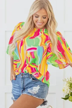 Fashion Dear-Lover Abstract Print Keyhole Back Pleated Half Sleeve Blouse Multicolour