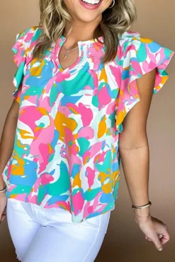 Hot Dear-Lover Abstract Print Notched Neck Flutter Sleeve Blouse Multicolour