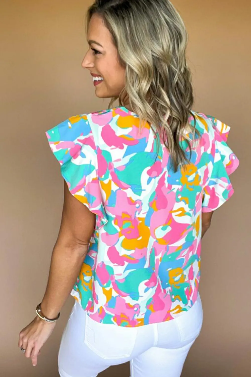 Hot Dear-Lover Abstract Print Notched Neck Flutter Sleeve Blouse Multicolour