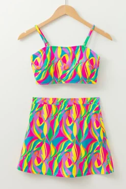 New Dear-Lover Abstract Print Textured Spaghetti Strap High Waist Bikini Set Multicolour