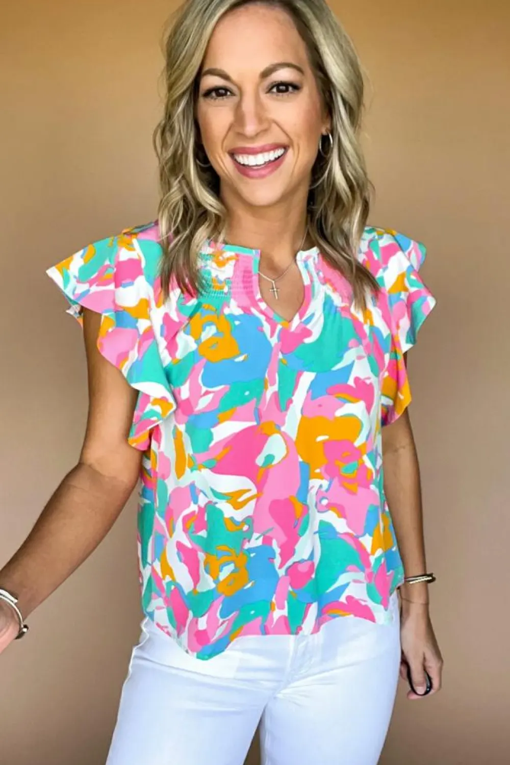 Hot Dear-Lover Abstract Print Notched Neck Flutter Sleeve Blouse Multicolour