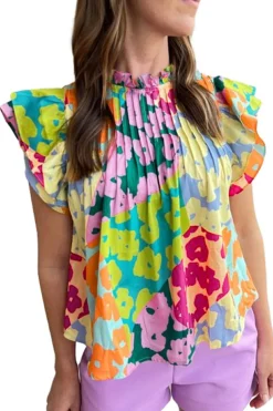Clearance Dear-Lover Abstract Print Pleated Flutter Sleeve Blouse Multicolour