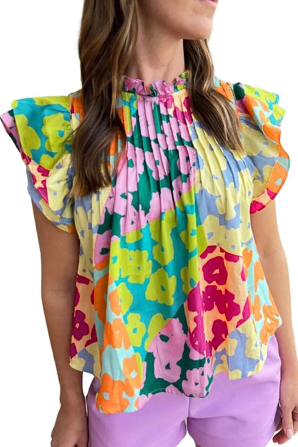 Clearance Dear-Lover Abstract Print Pleated Flutter Sleeve Blouse Multicolour