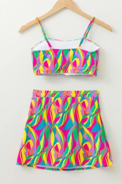 New Dear-Lover Abstract Print Textured Spaghetti Strap High Waist Bikini Set Multicolour