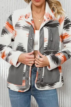 Fashion Dear-Lover Aztec Fleece Patchwork Snap Button Jacket Multicolour
