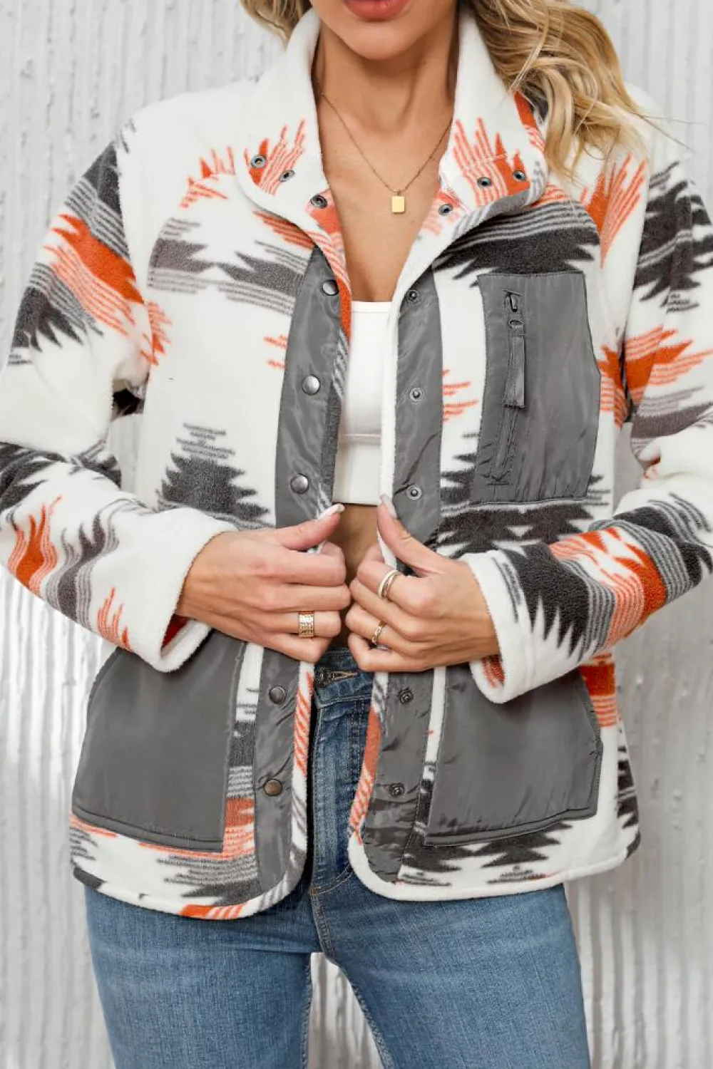 Fashion Dear-Lover Aztec Fleece Patchwork Snap Button Jacket Multicolour