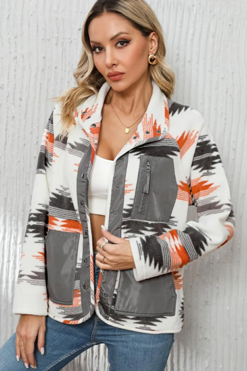 Fashion Dear-Lover Aztec Fleece Patchwork Snap Button Jacket Multicolour