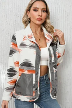 Fashion Dear-Lover Aztec Fleece Patchwork Snap Button Jacket Multicolour