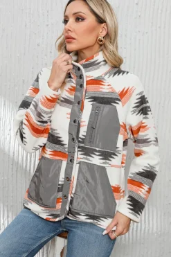 Fashion Dear-Lover Aztec Fleece Patchwork Snap Button Jacket Multicolour