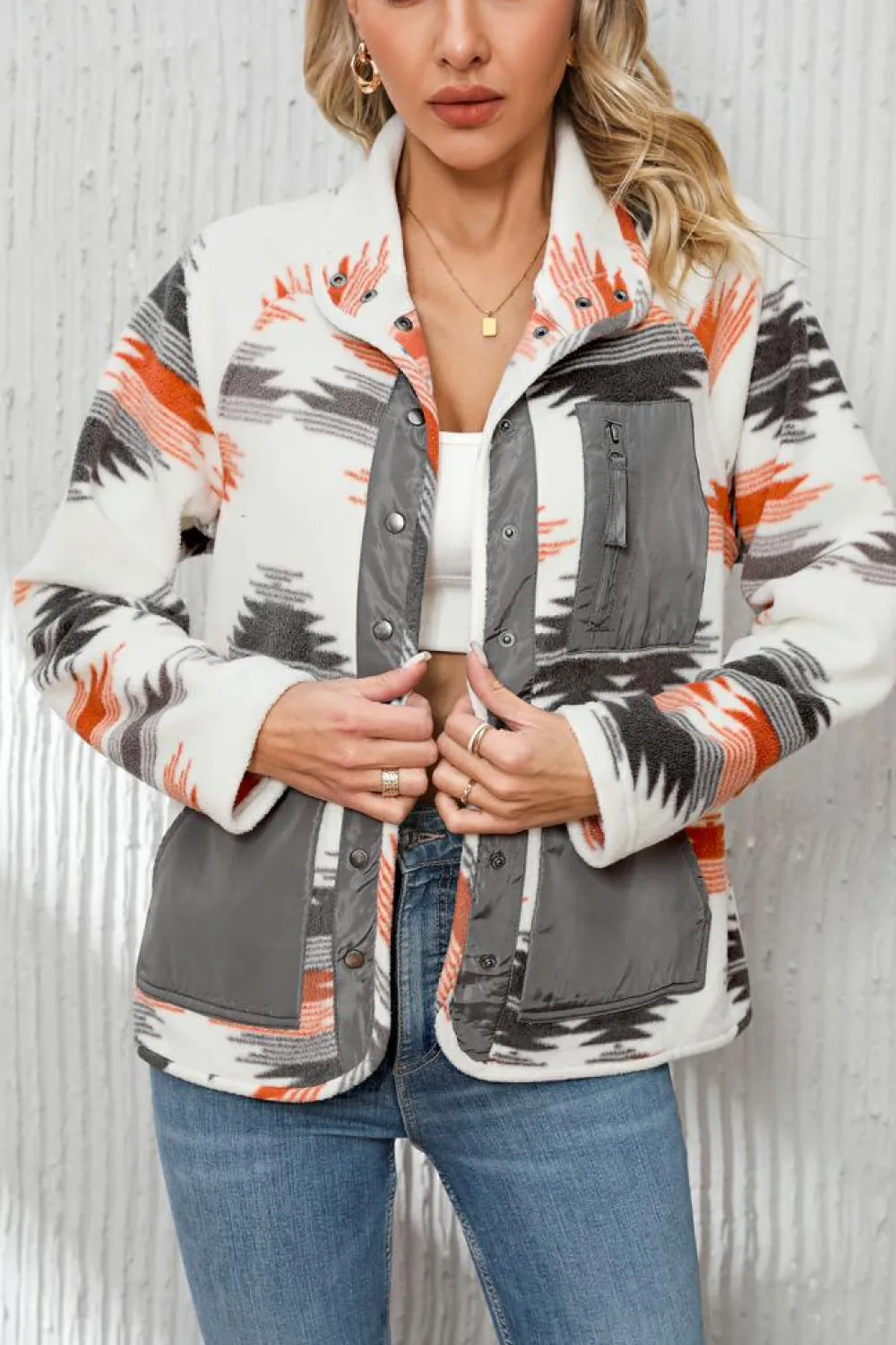 Fashion Dear-Lover Aztec Fleece Patchwork Snap Button Jacket Multicolour