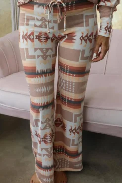 Online Dear-Lover Aztec Print Puff Sleeve Pullover and Pants Lounge Outfit Multicolour