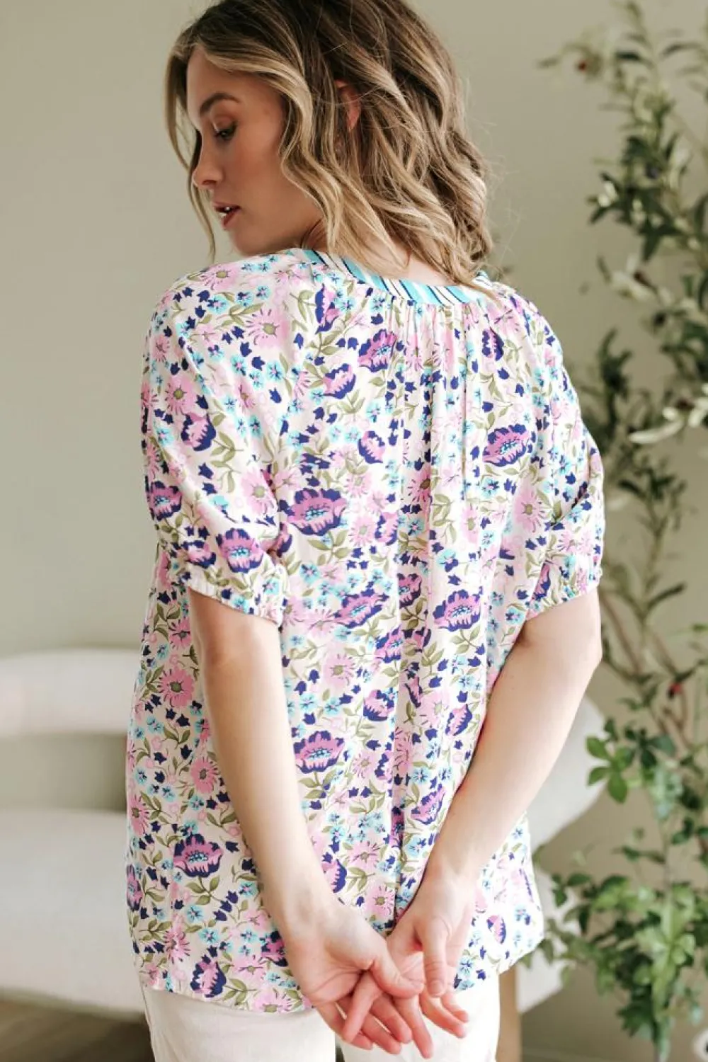 Clearance Dear-Lover Bohemian Floral V Neck Loose Half Sleeve Blouse Multicolour