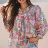 Sale Dear-Lover Boho Floral Bubble Sleeve Tassel Tied Neck Pleated Blouse Multicolour