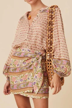 Fashion Dear-Lover Boho Floral Mixed Print Puff Sleeve Shirt Multicolour