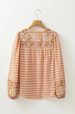 Fashion Dear-Lover Boho Floral Mixed Print Puff Sleeve Shirt Multicolour