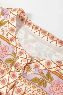 Fashion Dear-Lover Boho Floral Mixed Print Puff Sleeve Shirt Multicolour