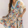 Fashion Dear-Lover Boho Floral Print Crochet Patchwork V Neck Loose Mini Dress Multicolour
