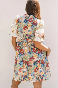 Fashion Dear-Lover Boho Floral Print Crochet Patchwork V Neck Loose Mini Dress Multicolour