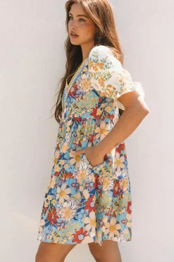 Fashion Dear-Lover Boho Floral Print Crochet Patchwork V Neck Loose Mini Dress Multicolour