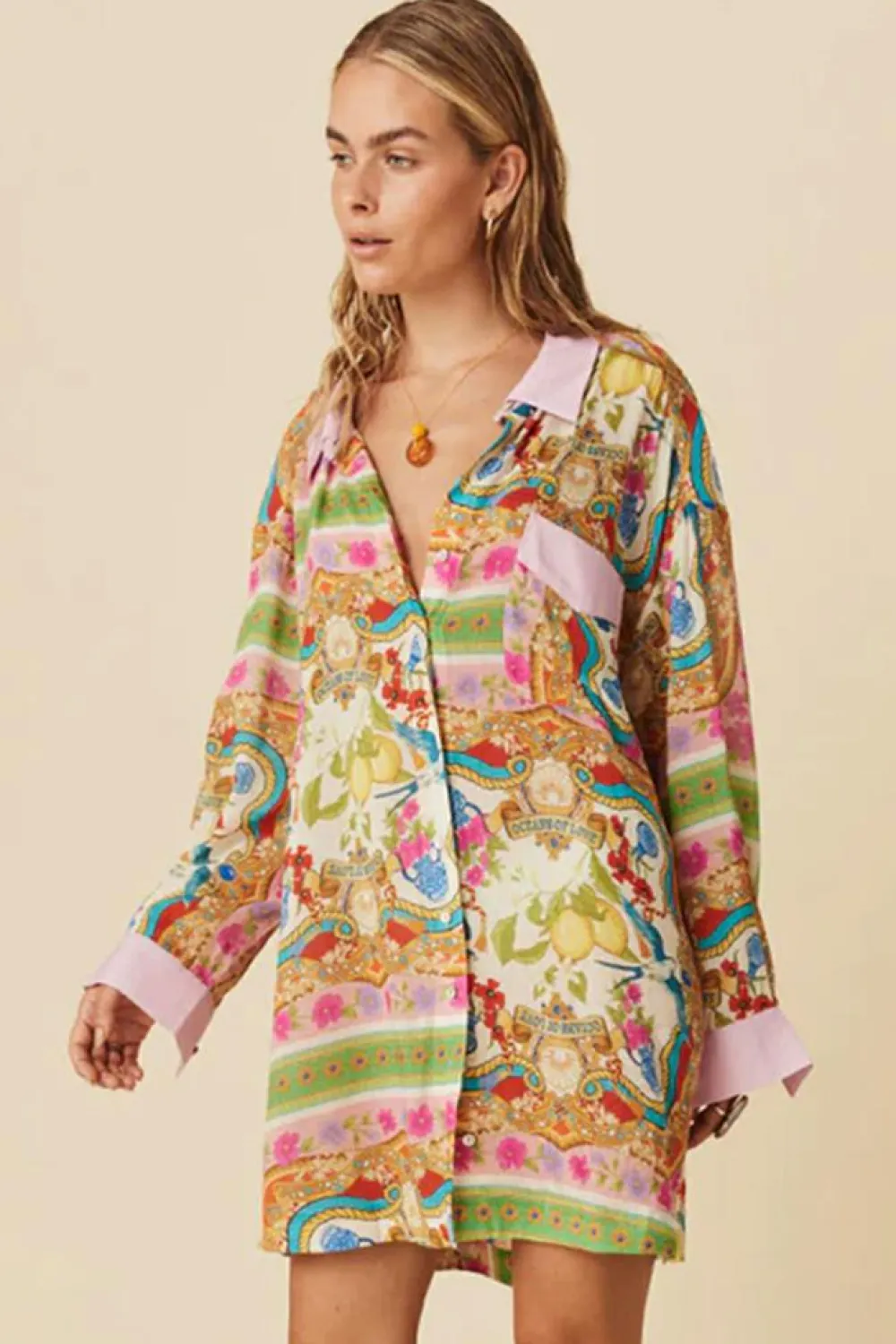 Fashion Dear-Lover Boho Floral Print Buttoned Long Sleeve Shirt Dress Multicolour
