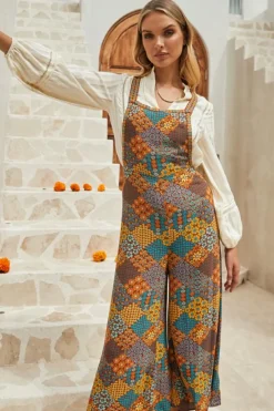 Outlet Dear-Lover Boho Floral Print Crossed Straps Ankle-length Jumpsuit Multicolour