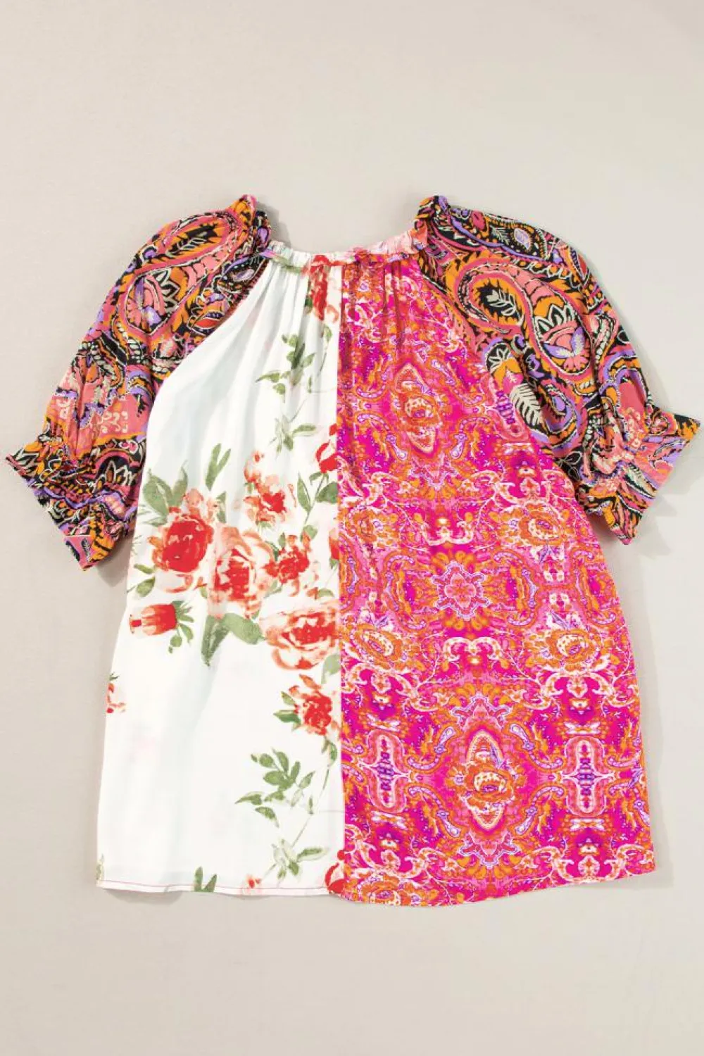 Clearance Dear-Lover Boho Floral Patchwork Buttoned Short Sleeve Blouse Multicolour