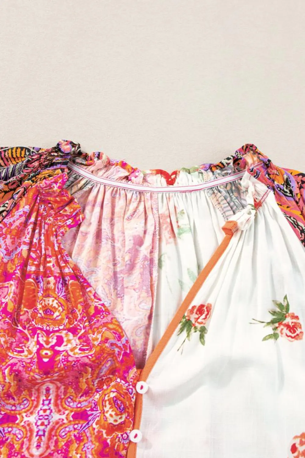 Clearance Dear-Lover Boho Floral Patchwork Buttoned Short Sleeve Blouse Multicolour