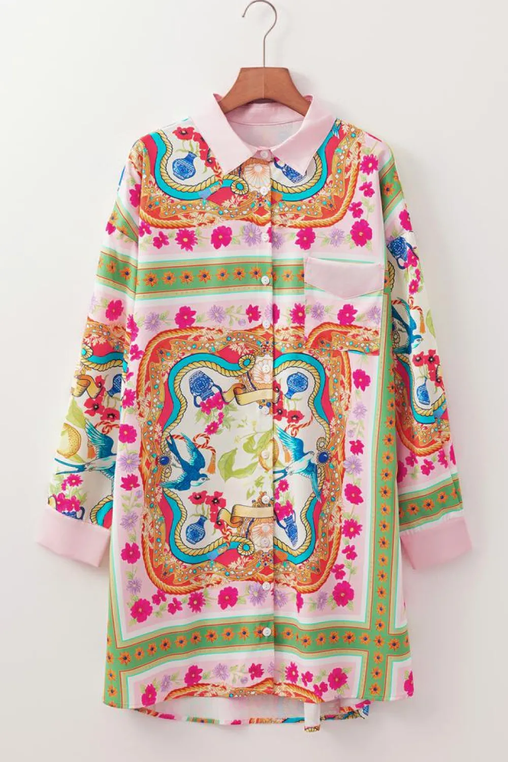Fashion Dear-Lover Boho Floral Print Buttoned Long Sleeve Shirt Dress Multicolour