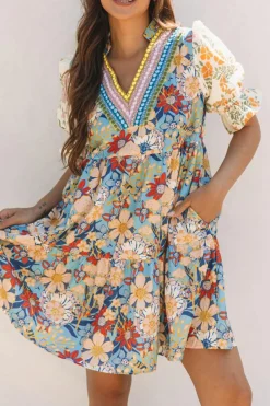 Fashion Dear-Lover Boho Floral Print Crochet Patchwork V Neck Loose Mini Dress Multicolour
