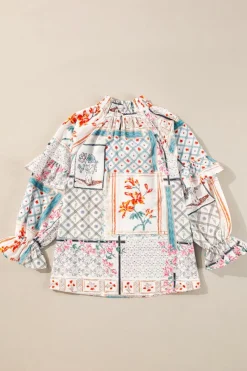 Clearance Dear-Lover Boho Floral Patched Ruffled Sleeve Tied Neck Blouse Multicolour