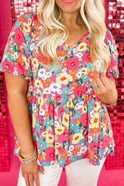Best Dear-Lover Boho Floral Short Puff Sleeve Babydoll Blouse Multicolour