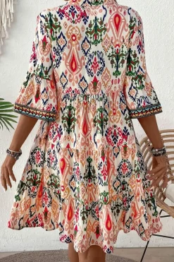 Sale Dear-Lover Boho Print V Neck Bracelet Sleeve Mini Dress Multicolour