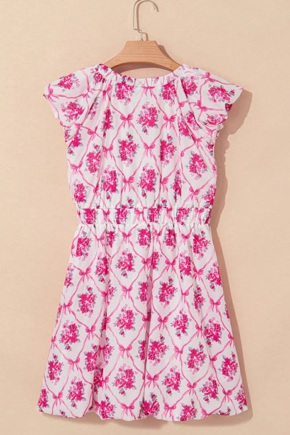 Sale Dear-Lover Bow Lattice Floral Print V Neck Knot Decor Mini Dress Multicolour