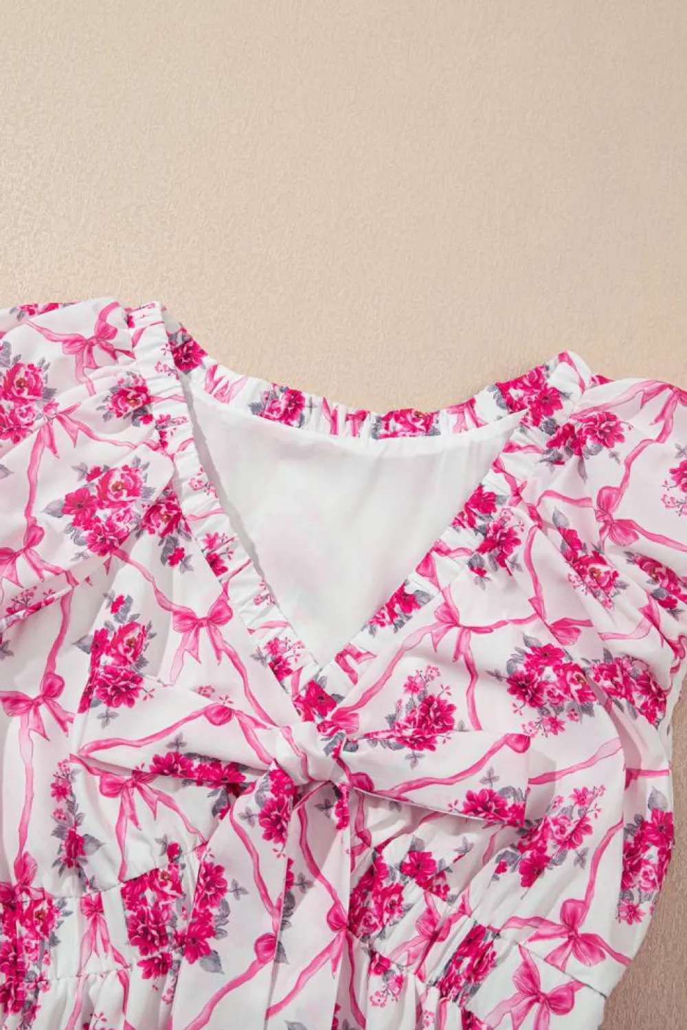 Sale Dear-Lover Bow Lattice Floral Print V Neck Knot Decor Mini Dress Multicolour