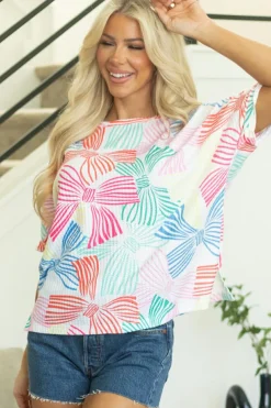 Best Dear-Lover Bowknot Printed Waffle Crewneck Loose Short Sleeve Top Multicolour