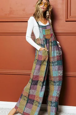 Online Dear-Lover Brushed Checkered Wide Leg Overalls Multicolour