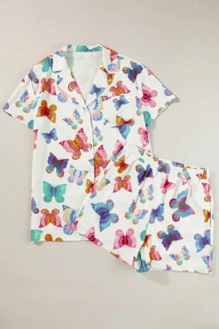 New Dear-Lover Butterfly Pattern Short Sleeve Shirt Pajamas Set Multicolour