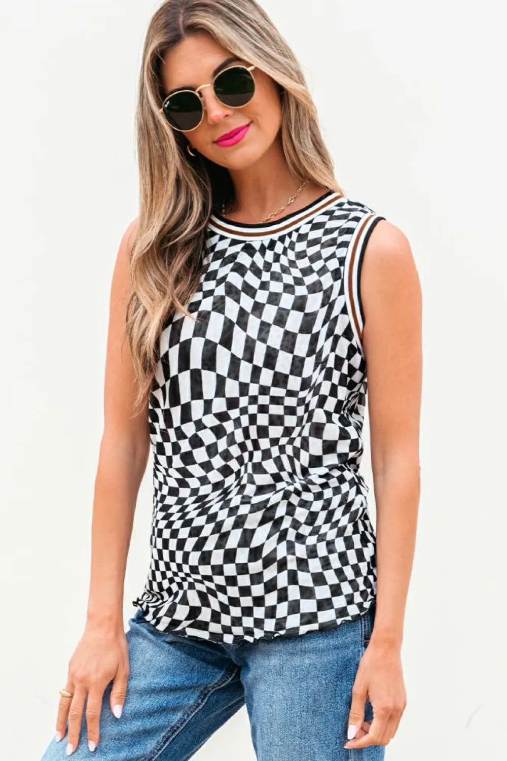Discount Dear-Lover Cheetah Checkered Dual Print Reversible Round Neck Mesh Tank Top Multicolour