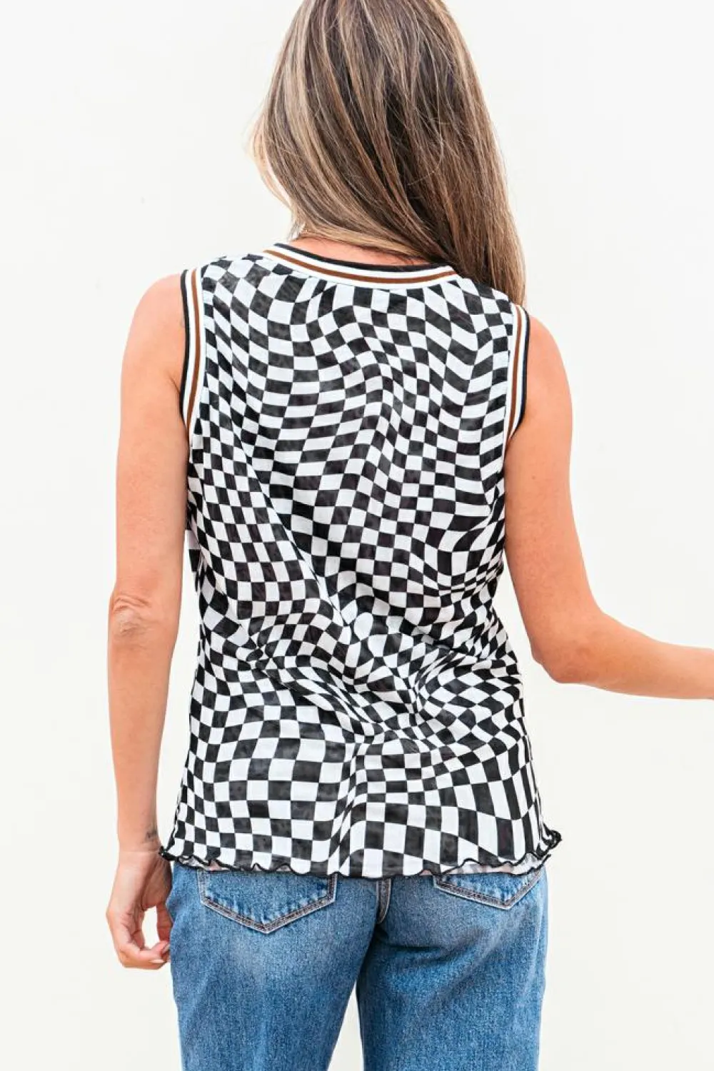 Discount Dear-Lover Cheetah Checkered Dual Print Reversible Round Neck Mesh Tank Top Multicolour
