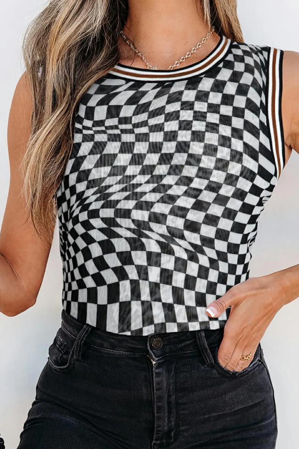 Discount Dear-Lover Cheetah Checkered Dual Print Reversible Round Neck Mesh Tank Top Multicolour