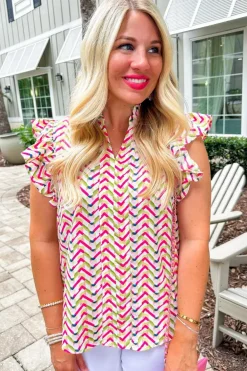 New Dear-Lover Chevron Print Ruffled Sleeve Blouse Multicolour