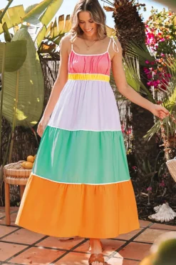 Outlet Dear-Lover Colorblock Self-tie Straps High Waist Flowy Maxi Dress with Pockets Multicolour